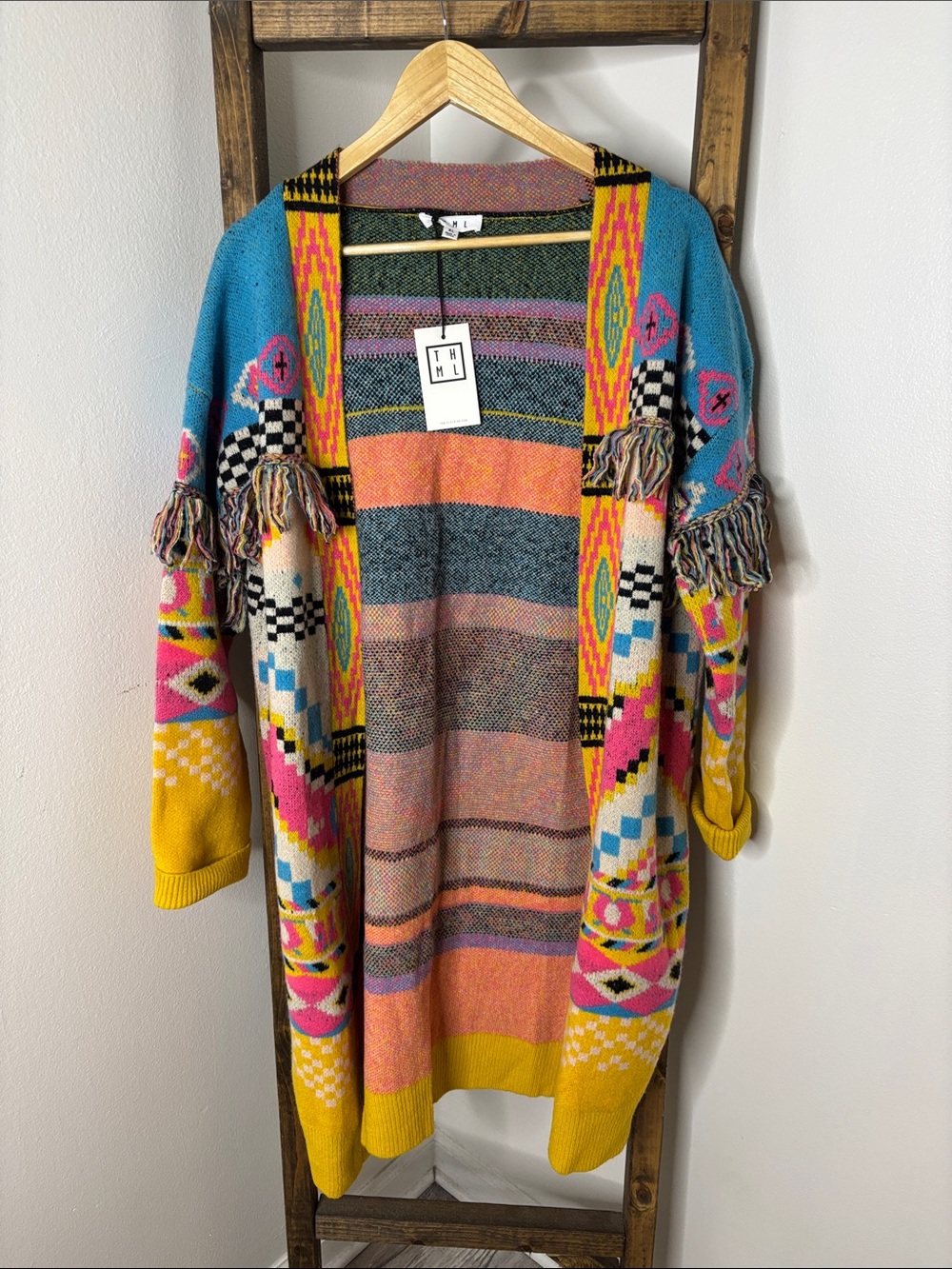 THML Multicolor Aztec Fringe Open Cardigan in Teal, Pink & Yellow Size XL